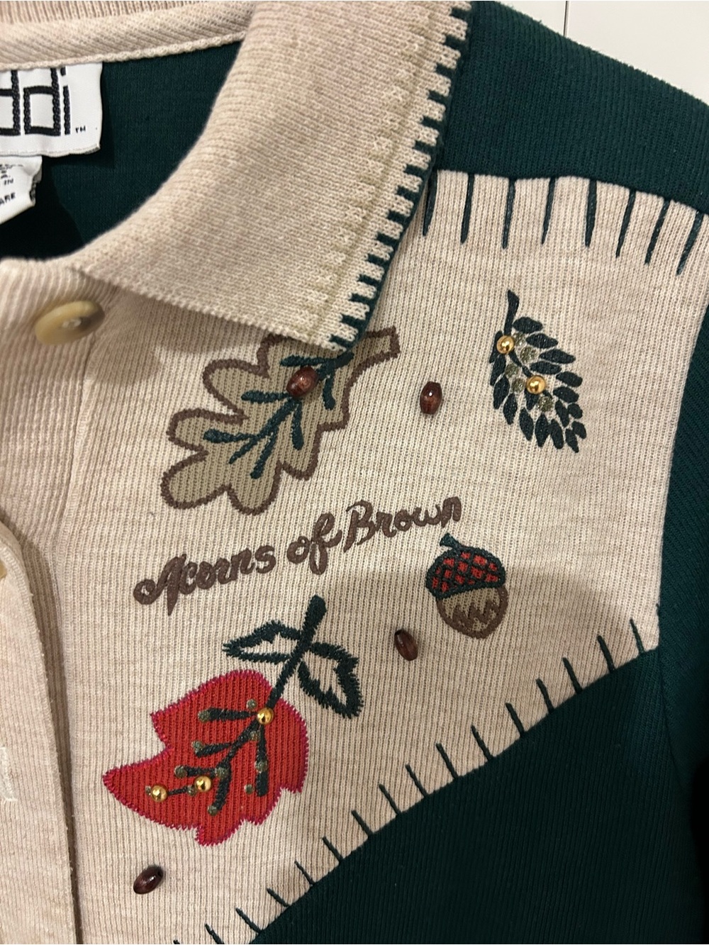90s Teddi Forest Green & Cream Embroidered Polo Sweater - Picture 3 of 5